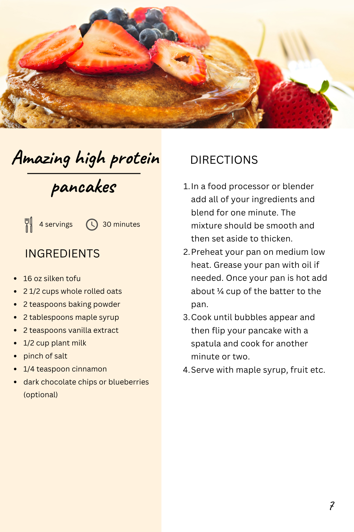 Everyday Plants recipe page for high-protein pancakes