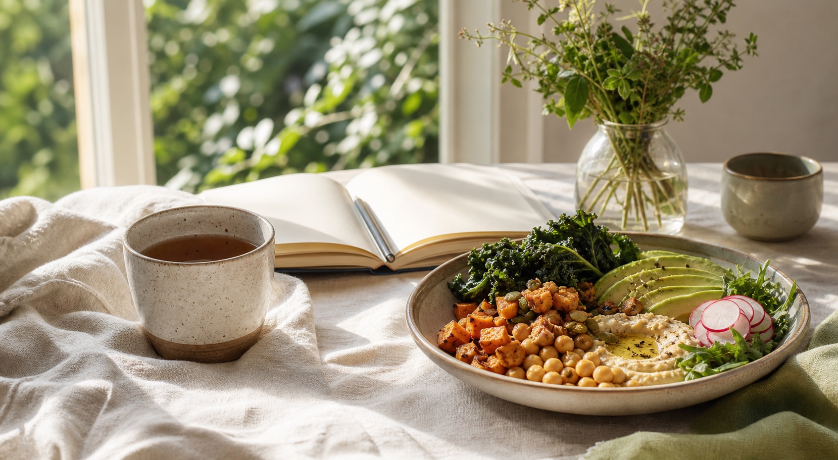 A colorful plant-forward meal with chickpeas, avocado, greens, and hummus.